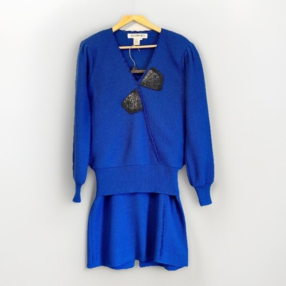 Vintage Epic Steven Womens Top Skirt Suit Large Cobalt Blue Wool Beaded 80s - Picture 3 of 14